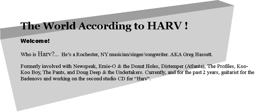 Text Box: The World According to HARV !Welcome!Who is Harv?...  He�s a Rochester, NY musician/singer/songwriter. AKA Greg Hassett.Formerly involved with Newspeak, Ernie-O & the Donut Holes, Distemper (Atlanta), The Profiles, Koo-Koo Boy, The Pants, and Doug Deep & the Undertakers. Currently, and for the past 2 years, guitarist for the Badenovs and working on the second studio CD for �Harv�.